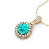 Dainty Round Solitaire Halo Diamond Paraiba Tourmaline Pendant