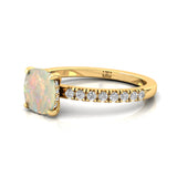 Opal Square Cushion Under Halo Diamonds Thin Ring with Diamond Band