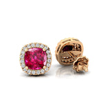 Cushion Cut Pink Sapphire Halo Diamond Stud Earrings