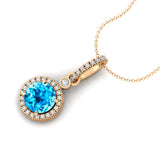 Classic Solitaire Round Swiss Blue Topaz Halo Diamond Dangle Pendant