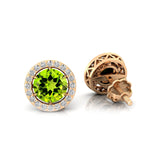 Round Solitaire Peridot Halo Diamond Stud Earrings