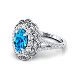 Flower Inspired Cluster Diamond Oval Swiss Blue Topaz Engagement Ring