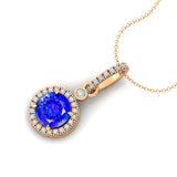 Classic Solitaire Round Tanzanite Halo Diamond Dangle Pendant