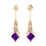 Inverted Princess Cut Amethyst Drop Earrings with Diamonds