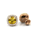 Cushion Cut Yellow Sapphire Halo Diamond Stud Earrings