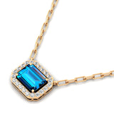 Emerald Cut London Blue Topaz Halo Set Diamond Necklace