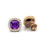 Cushion Cut Amethyst Halo Diamond Stud Earrings