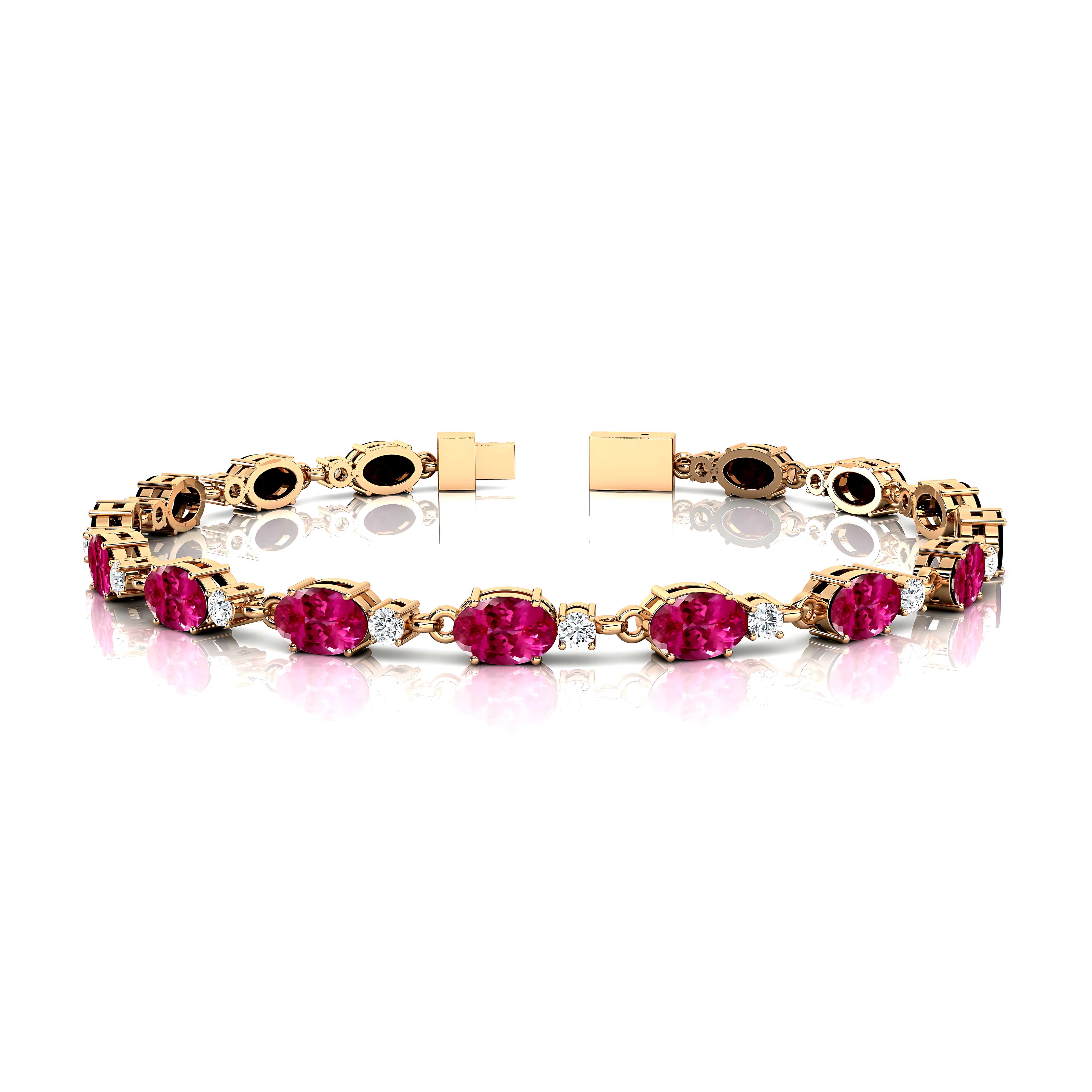 Tennis Bracelet Oval Pink Sapphire Round Diamond 18k Solid Yellow Gold Jewelry - Wedding Perfect Gift for Wife - GeumJewels