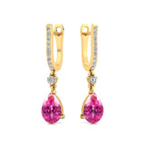 Lever Back Diamond Drop Earrings with Pear Cut Pink Sapphire