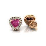 Heart Shaped Pink Sapphire Halo Diamond Stud Earrings