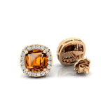 Cushion Cut Citrine Halo Diamond Stud Earrings