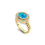 Vintage Style Elongated Oval Swiss Blue Topaz Halo Diamond Twisted Ring