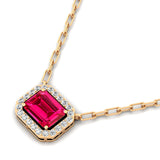 Emerald Cut Pink Sapphire Halo Set Diamond Necklace