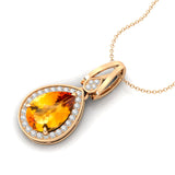 Classic Teardrop Shaped Citrine Halo Diamond Dangle Pendant