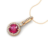 Classic Solitaire Round Pink Sapphire Halo Diamond Dangle Pendant