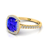 Halo Diamond Engagement Ring with Cushion Cut Tanzanite