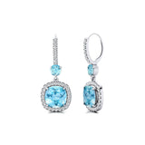 Halo Diamond Cushion Cut Aquamarine Dangle Earrings