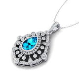 Art Deco Inspired Teardrop Swiss Blue Topaz Diamond Pendant