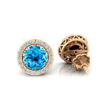 Round Solitaire Swiss Blue Topaz Halo Diamond Stud Earrings