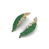 Nature Inspired Feather Shaped Cocktail Emerald Earrings with Diamond Accents