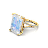 Emerald Cut Moonstone Split Shank Engagement Ring with Diamonds