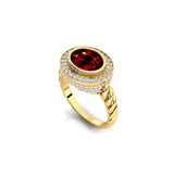 Vintage Style Elongated Oval Garnet Halo Diamond Twisted Ring