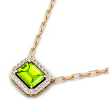 Emerald Cut Peridot Halo Set Diamond Necklace