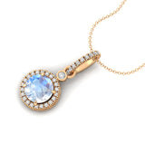 Classic Solitaire Round Moonstone Halo Diamond Dangle Pendant