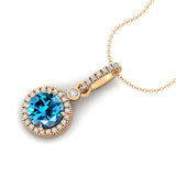 Classic Solitaire Round London Blue Topaz Halo Diamond Dangle Pendant