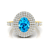 Triple Halo Diamond Oval Cut Swiss Blue Topaz Cocktail Ring