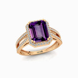 Halo Set Emerald Shaped Amethyst Split Shank Ring with Accent Diamonds