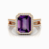 Halo Set Emerald Shaped Amethyst Split Shank Ring with Accent Diamonds