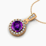 Dainty Round Solitaire Halo Diamond Amethyst Pendant