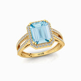 Halo Set Emerald Shaped Aquamarine Split Shank Ring with Accent Diamonds