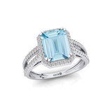 Halo Set Emerald Shaped Aquamarine Split Shank Ring with Accent Diamonds