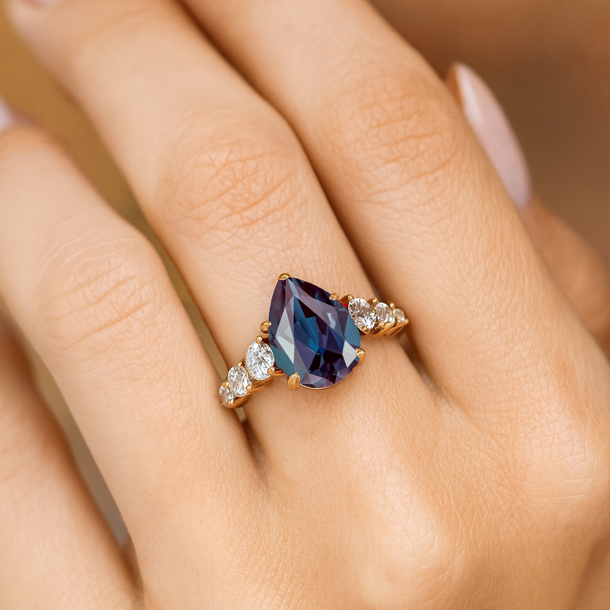 Pear Cut Alexandrite with Graduated Diamonds Ring - GeumJewels