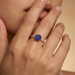 Classic Six Prong Round Solitaire Alexandrite Ring with Accent Diamond Band - GeumJewels