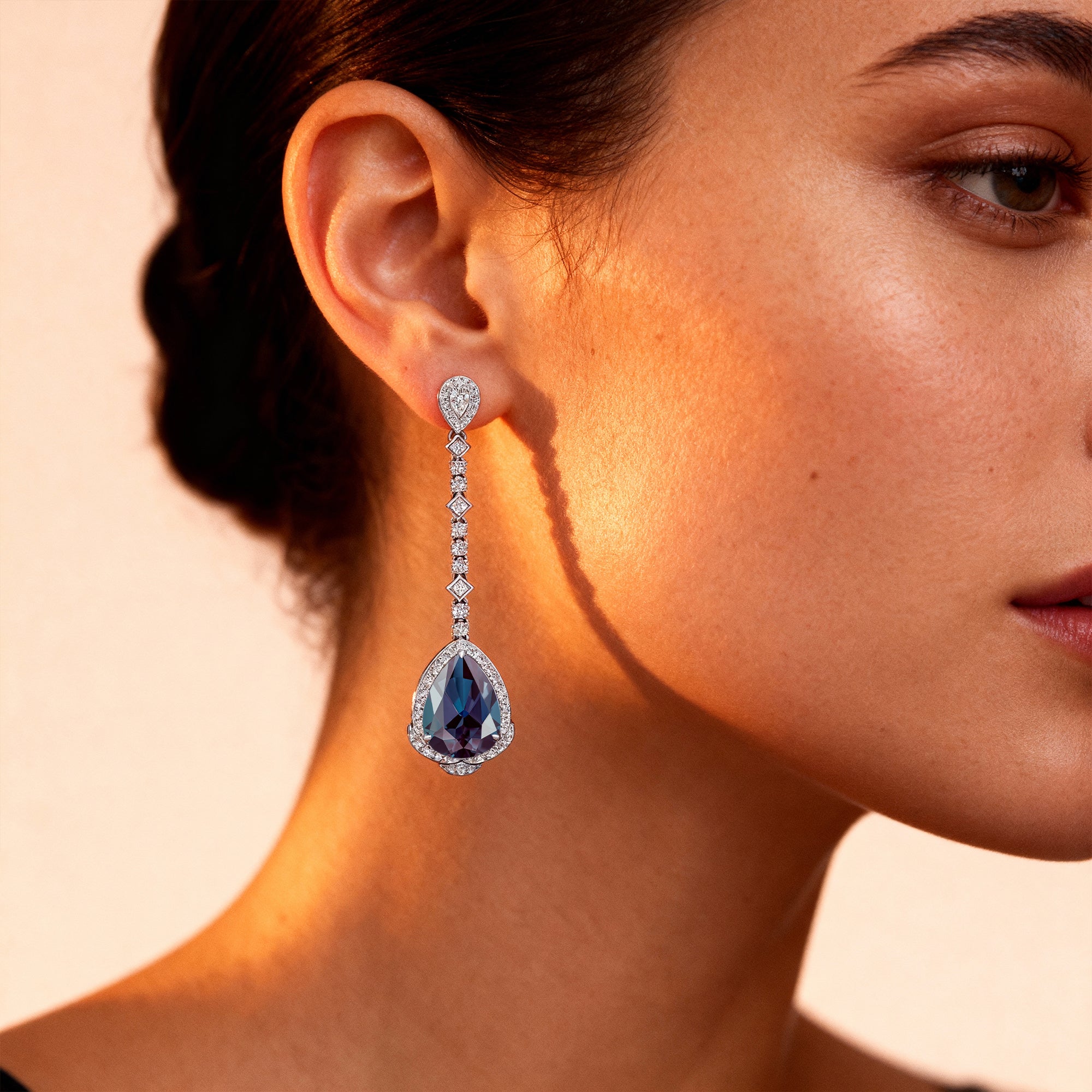 Vintage Style Pear Cut Alexandrite Halo Diamond Drop Earrings - GeumJewels