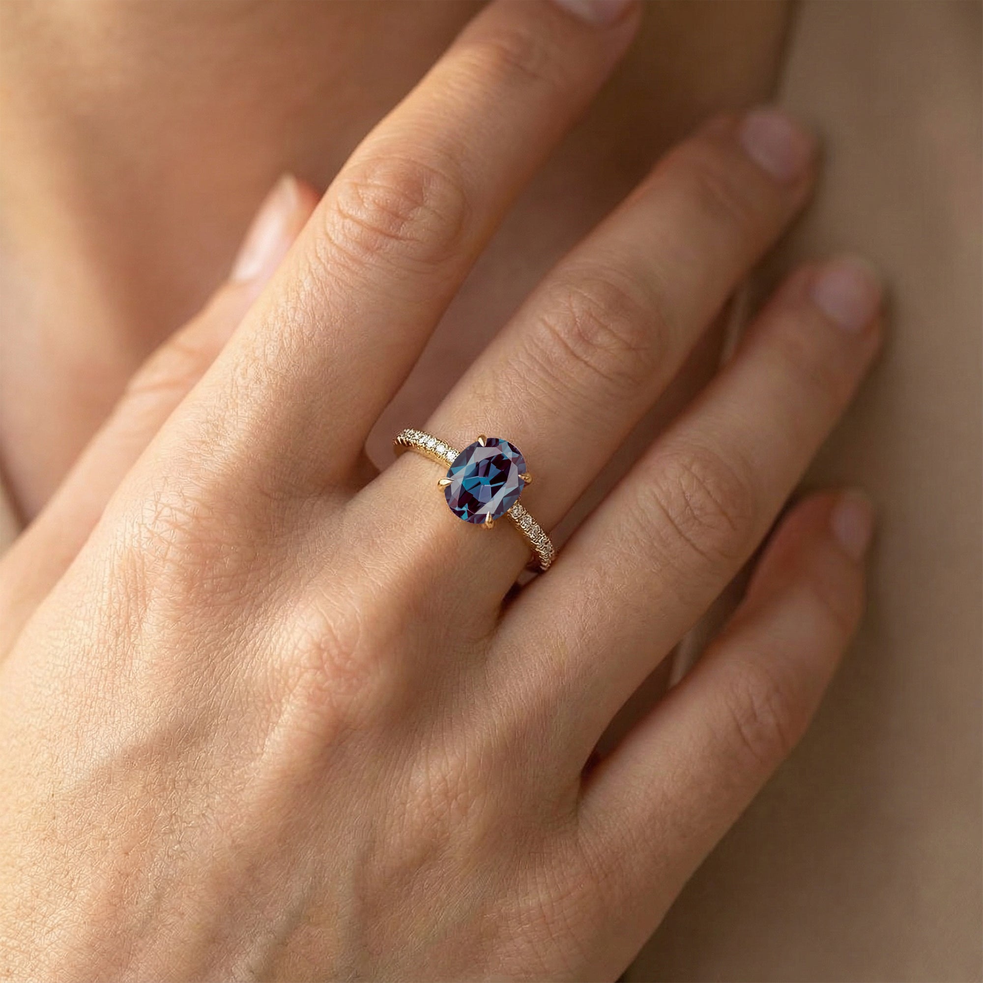 Oval Solitaire Alexandrite with Accent Diamonds Engagement Ring - GeumJewels