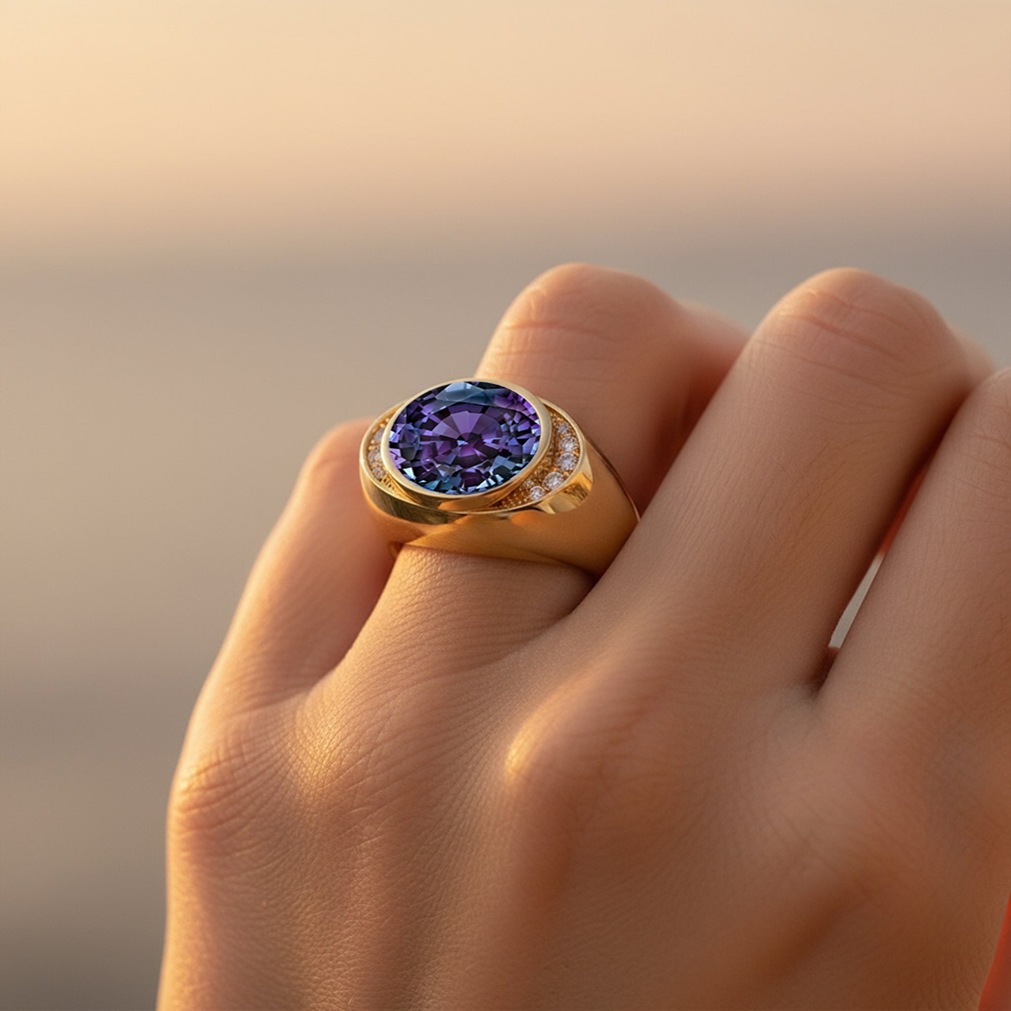 Vintage Style Elongated Oval Alexandrite Halo Diamond Twisted Ring - GeumJewels