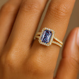 Halo Set Emerald Shaped Alexandrite Split Shank Ring with Accent Diamonds - GeumJewels