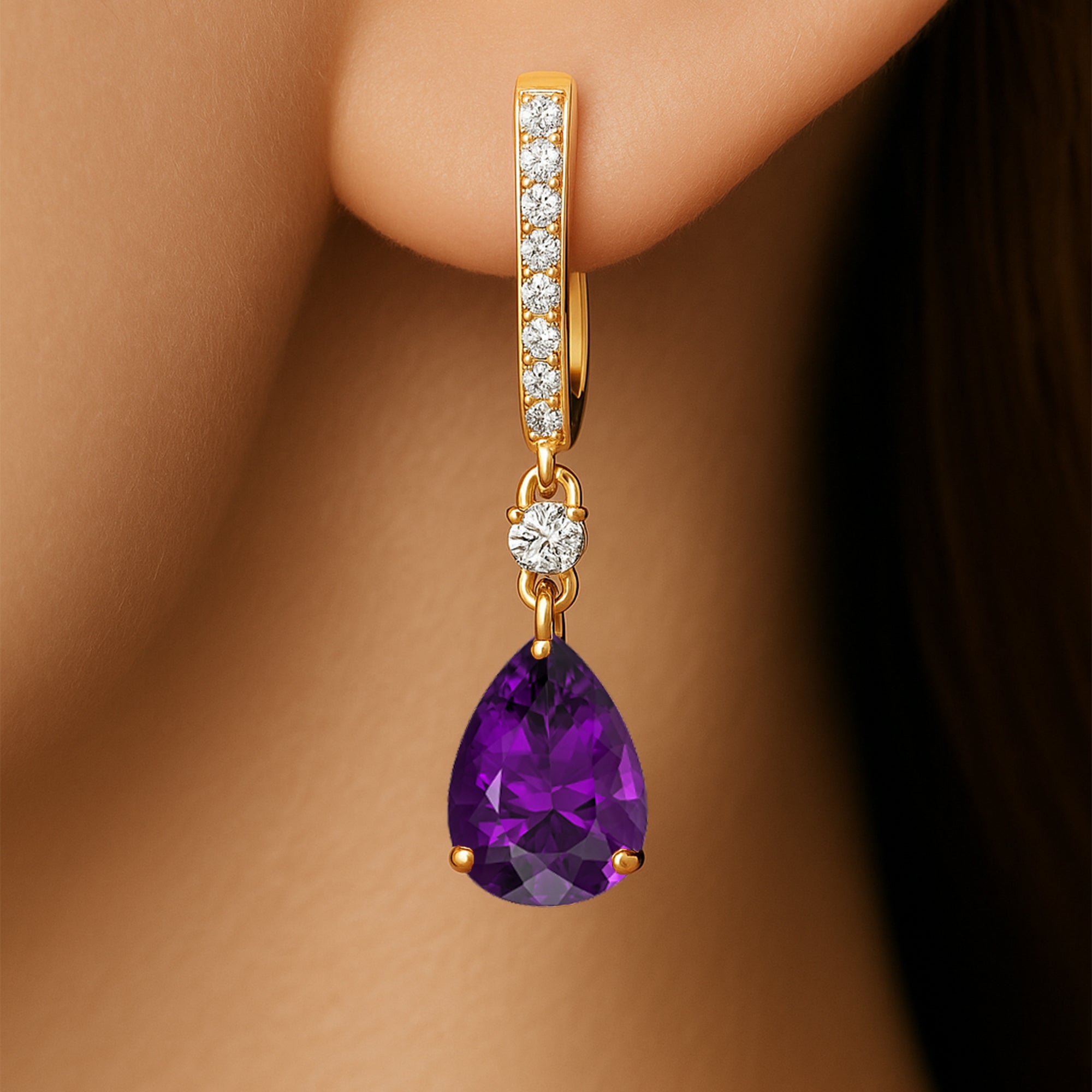 Lever Back Diamond Drop Earrings with Pear Cut Amethsyt - GeumJewels