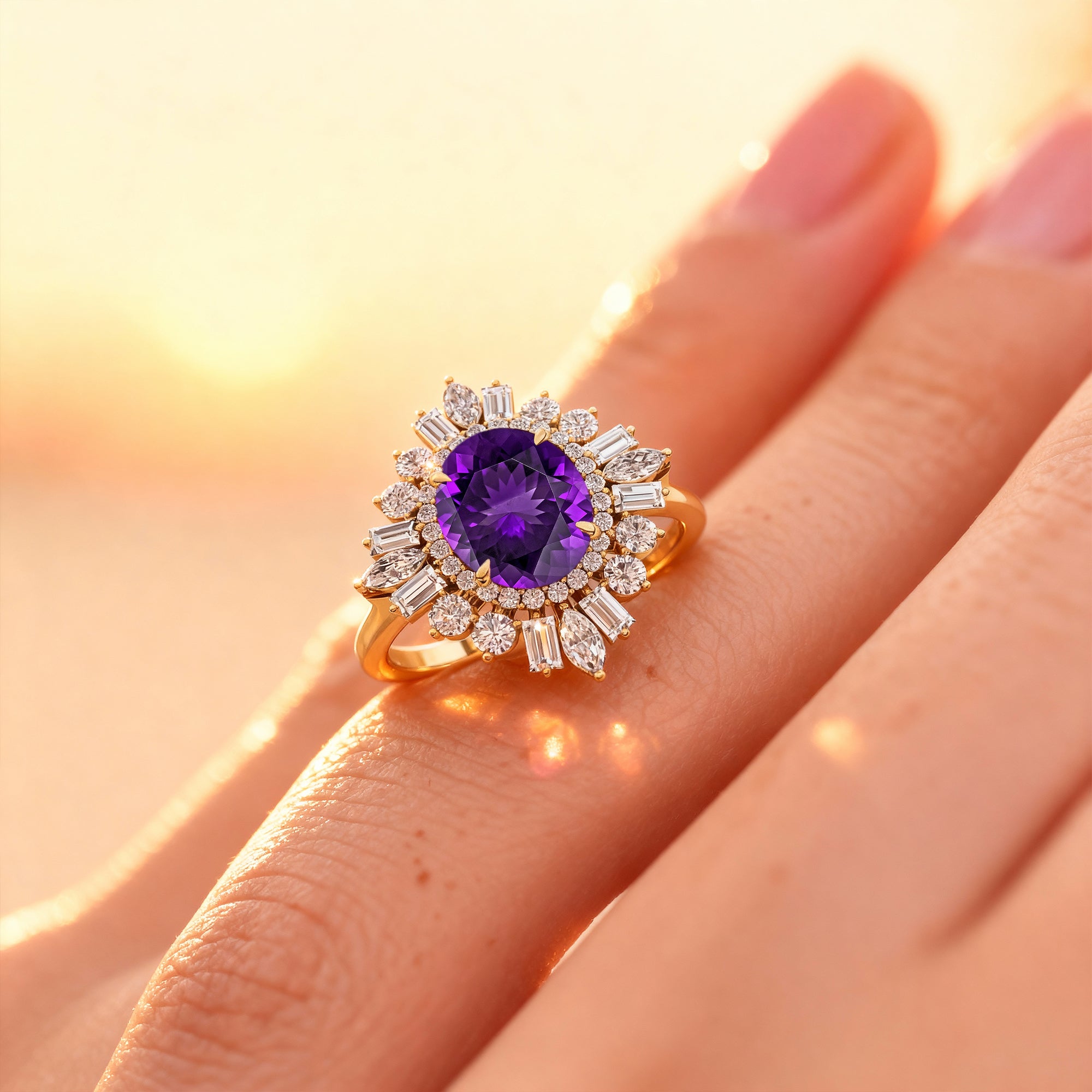 Oval Solitaire Amethyst Baguette and Round Diamond Cocktail Ring - GeumJewels