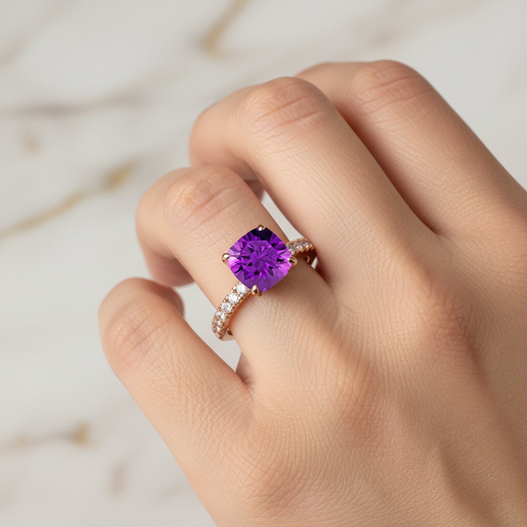 Amethyst Square Cushion Under Halo Diamonds Thin Ring with Diamond Band - GeumJewels