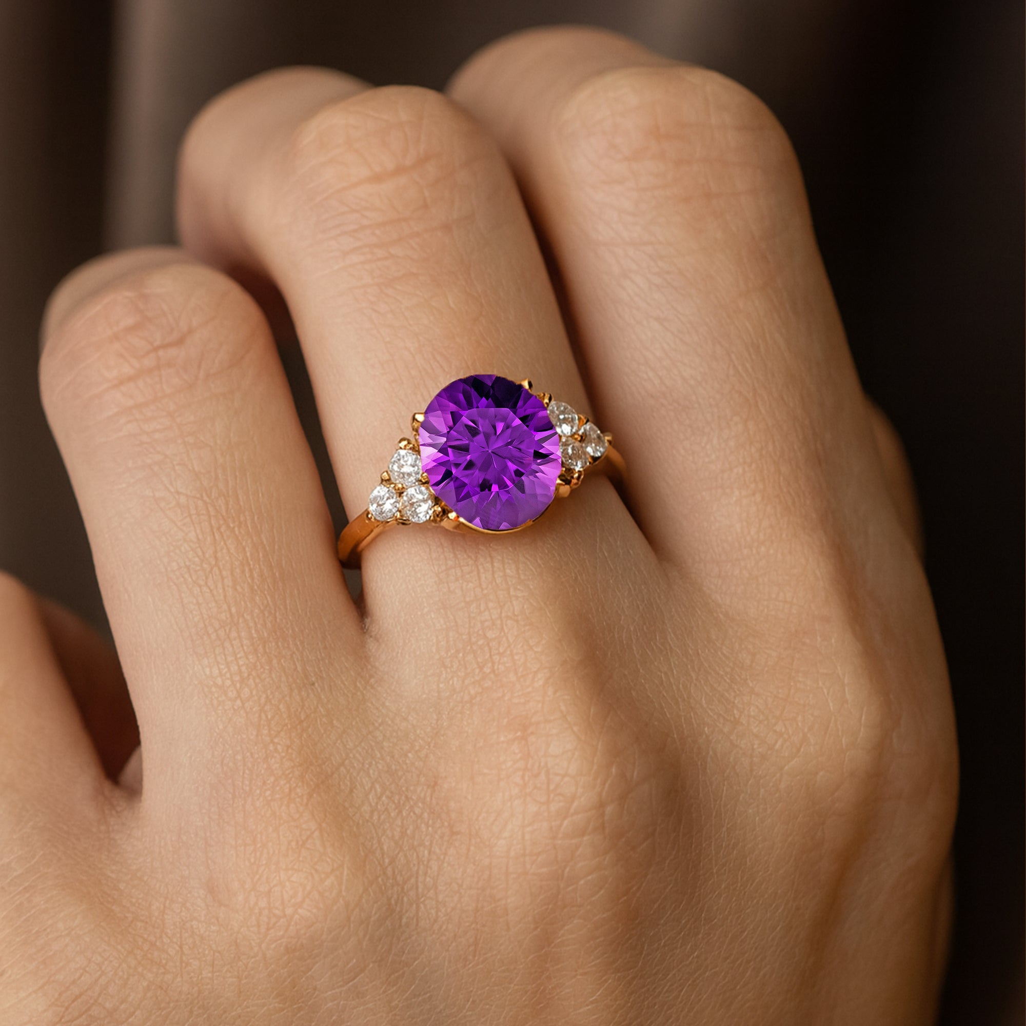 Trio Diamond Engagement Ring with Oval Cut Amethyst - GeumJewels