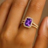 Halo Set Emerald Shaped Amethyst Split Shank Ring with Accent Diamonds - GeumJewels