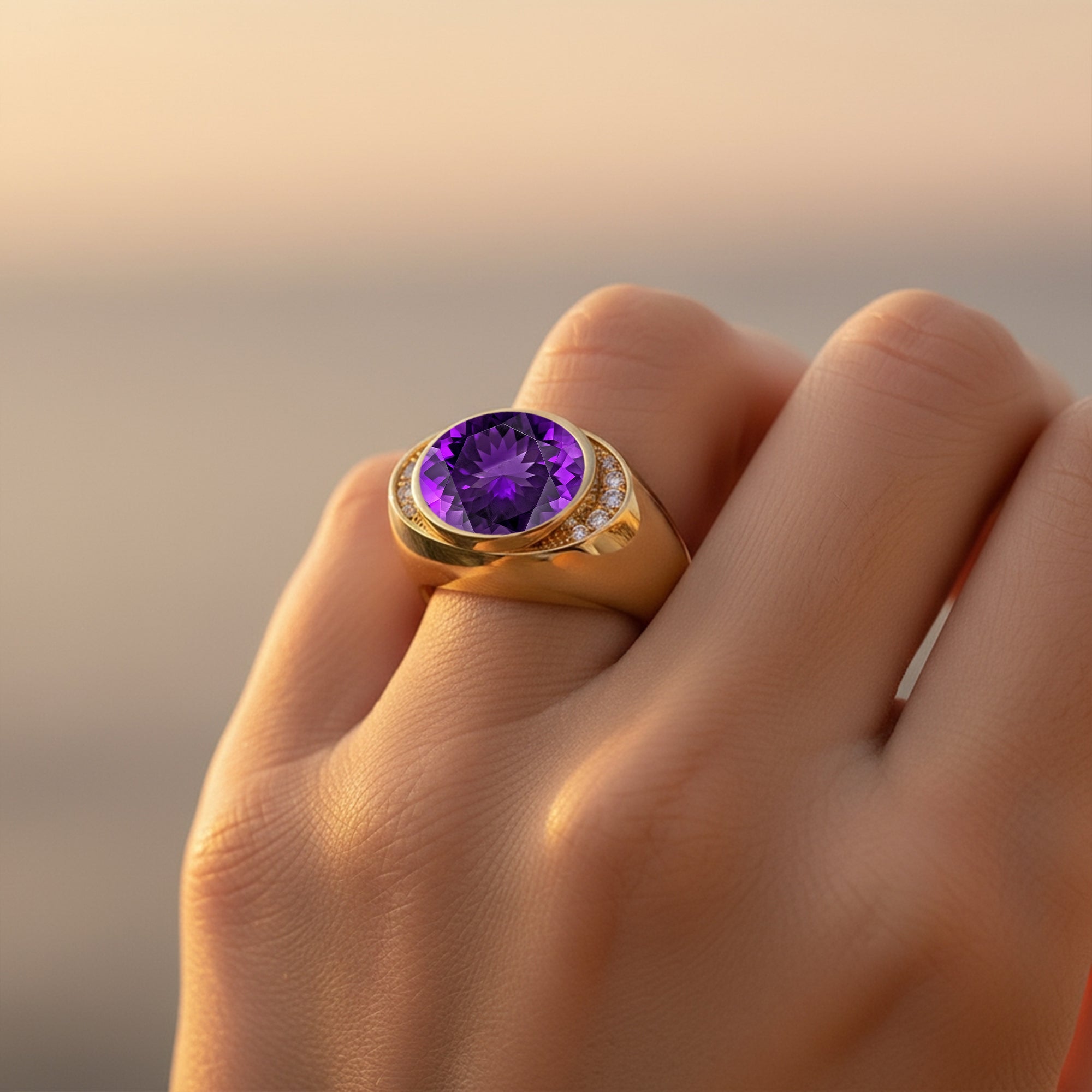 Vintage Style Elongated Oval Amethyst Halo Diamond Twisted Ring - GeumJewels