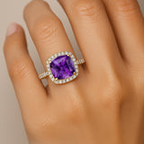 Halo Diamond Engagement Ring with Cushion Cut Amethyst - GeumJewels