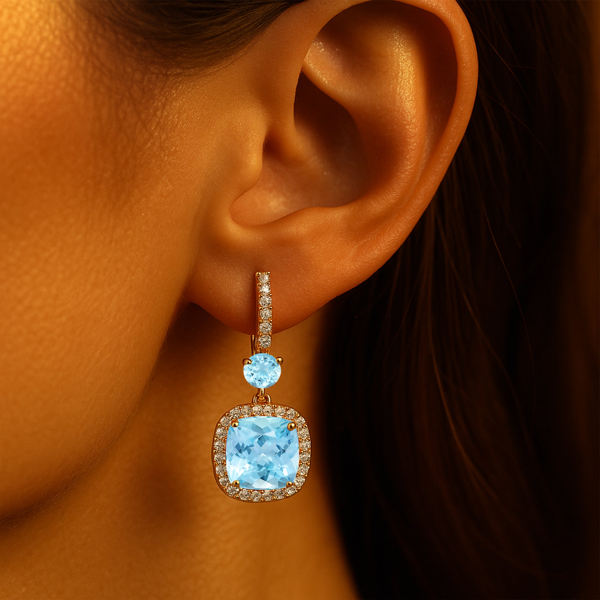 Halo Diamond Cushion Cut Aquamarine Dangle Earrings - GeumJewels