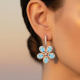 Pear Shaped Aquamarine Flower Diamond Leverback Earrings - GeumJewels